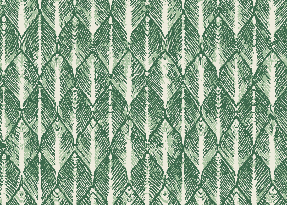Canyon Ikat Forest geometric wallpaper in forest green and sage