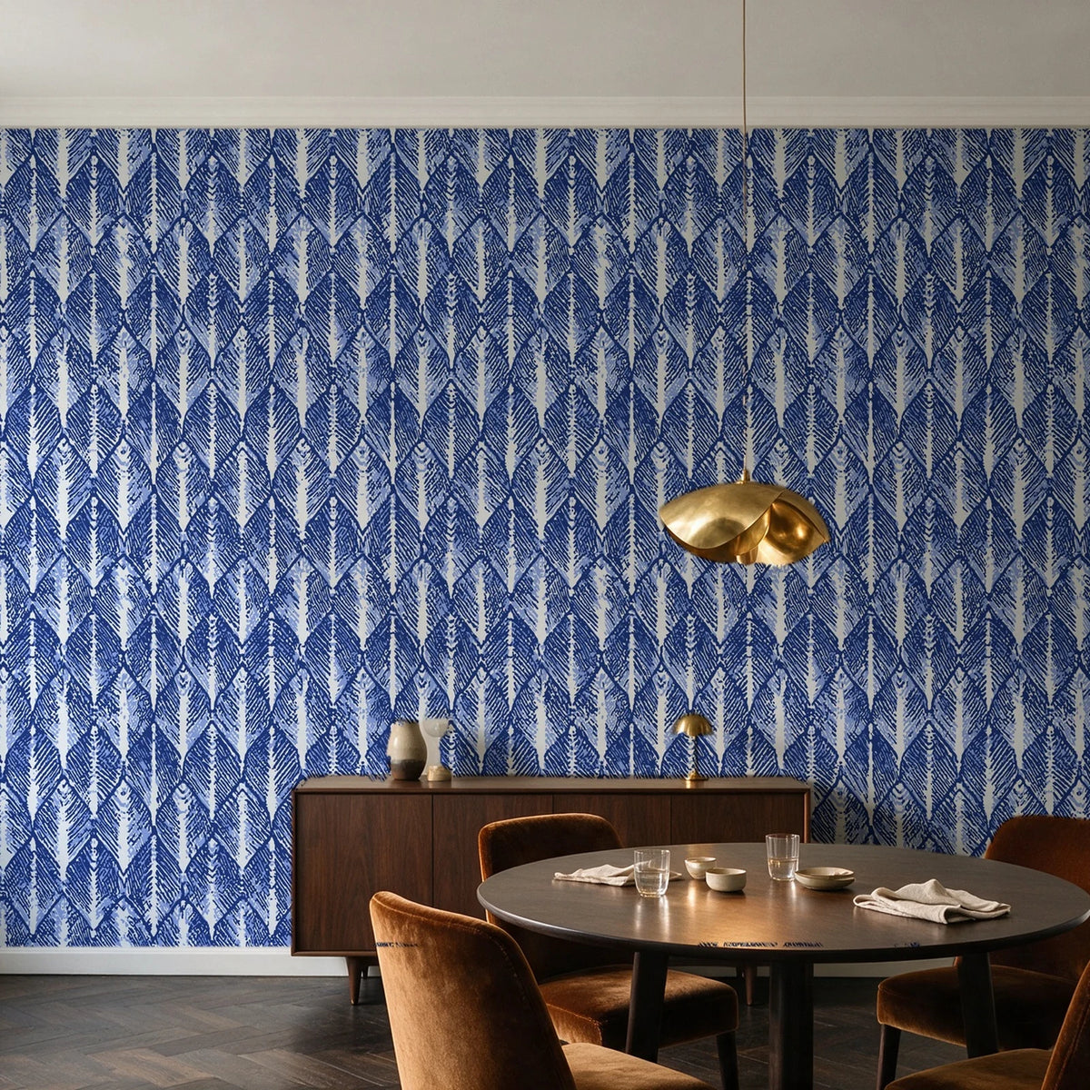 Canyon Ikat Indigo geometric wallpaper in an elegant dining room