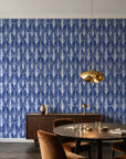 Canyon Ikat Indigo geometric wallpaper in an elegant dining room