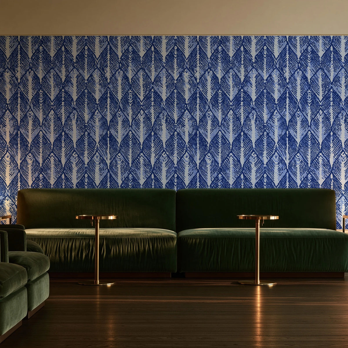 Canyon Ikat Indigo geometric wallpaper in an intimate luxury cocktail lounge