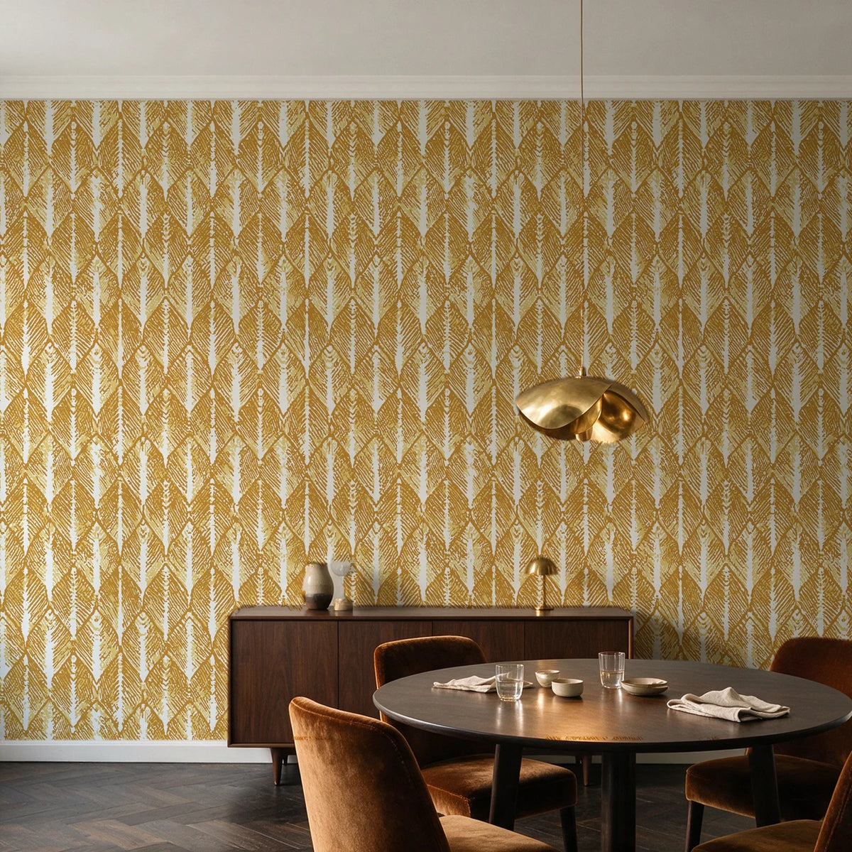 Canyon Ikat Ochre geometric wallpaper in an elegant dining room
