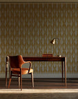 Canyon Ikat Ochre geometric wallpaper as a feature wall in a home study
