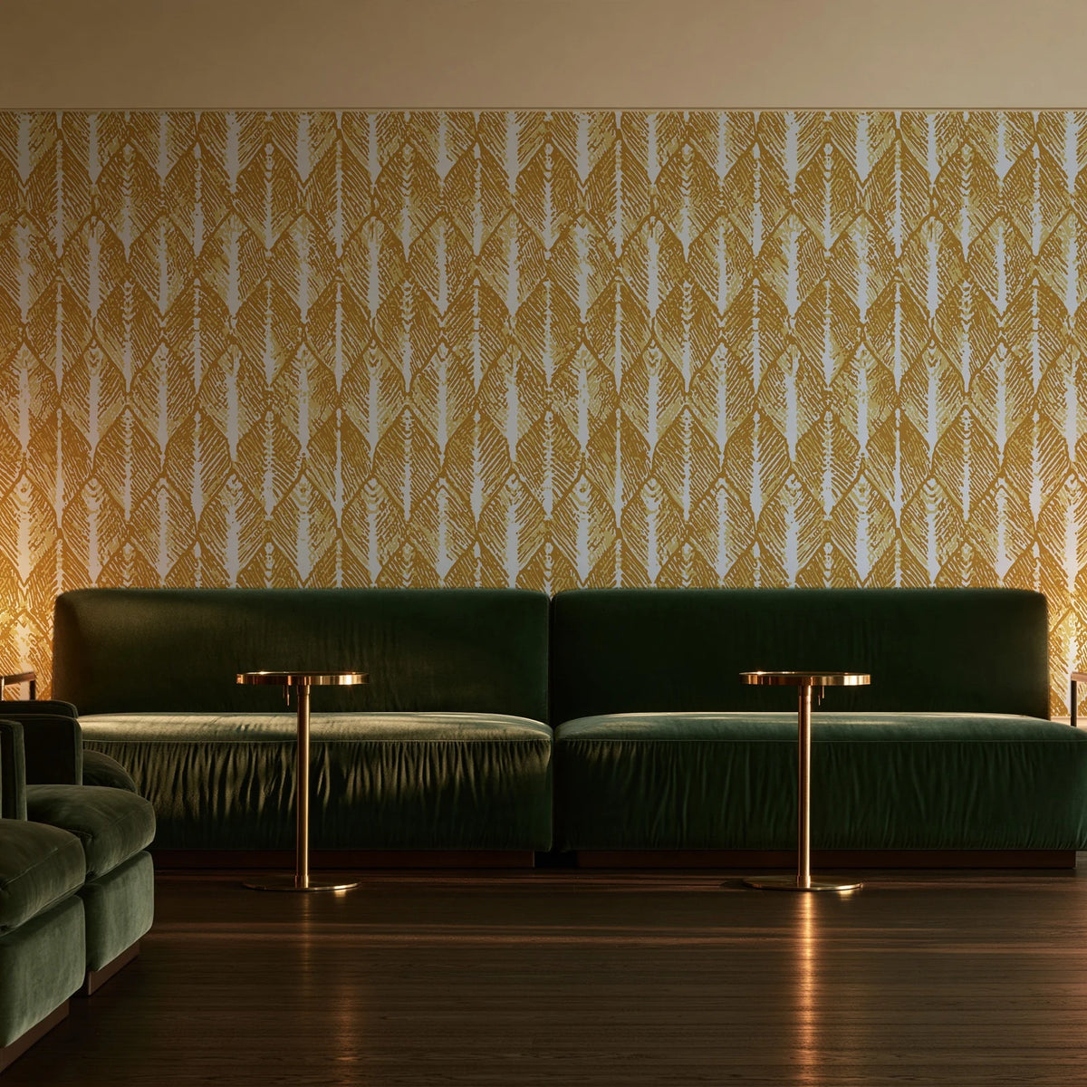 Canyon Ikat Ochre geometric wallpaper in an intimate luxury cocktail lounge