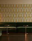 Canyon Ikat Ochre geometric wallpaper in an intimate luxury cocktail lounge