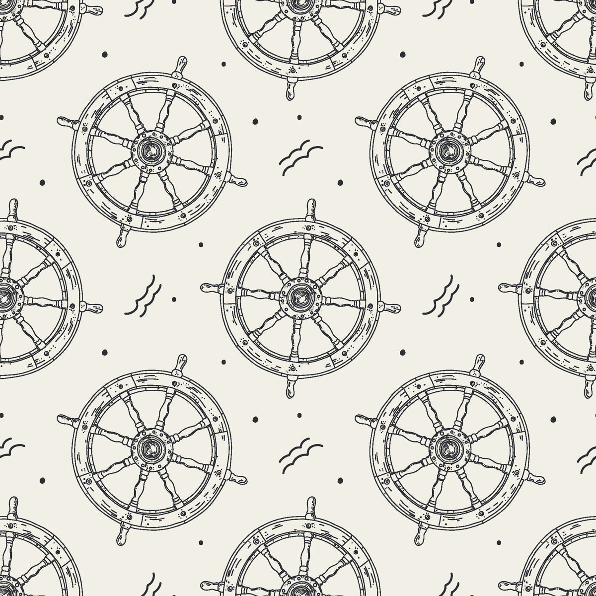 Captain's Wheel Charcoal nautical ship wheel wallpaper in charcoal and cream