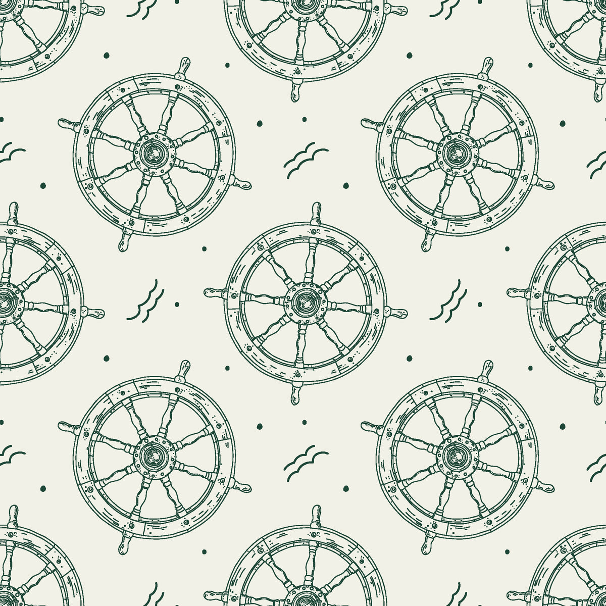Captain's Wheel Evergreen nautical ship wheel wallpaper in evergreen and ivory