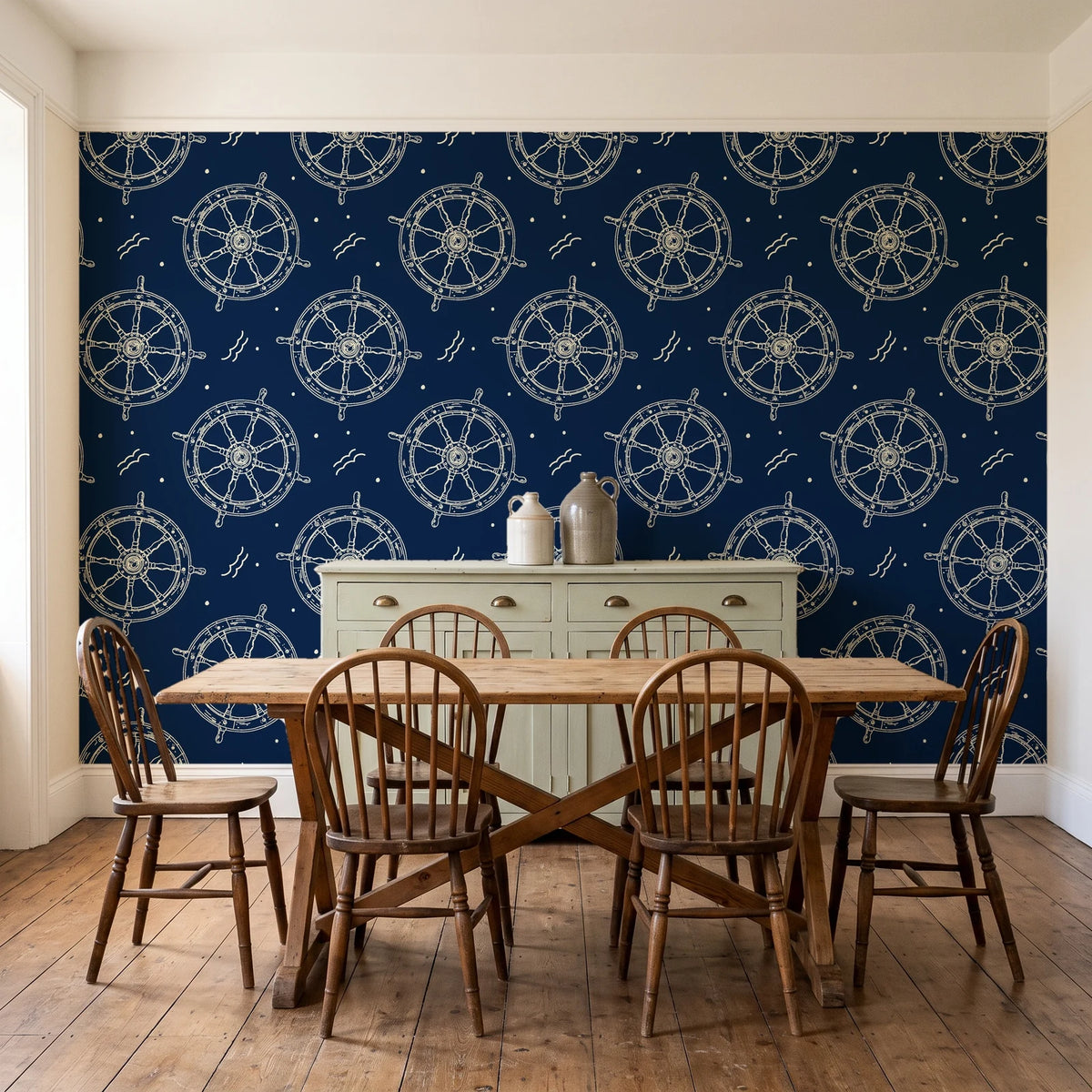 Captain's Wheel Midnight nautical ship wheel wallpaper in a farmhouse dining room with a sage sideboard and rustic trestle table
