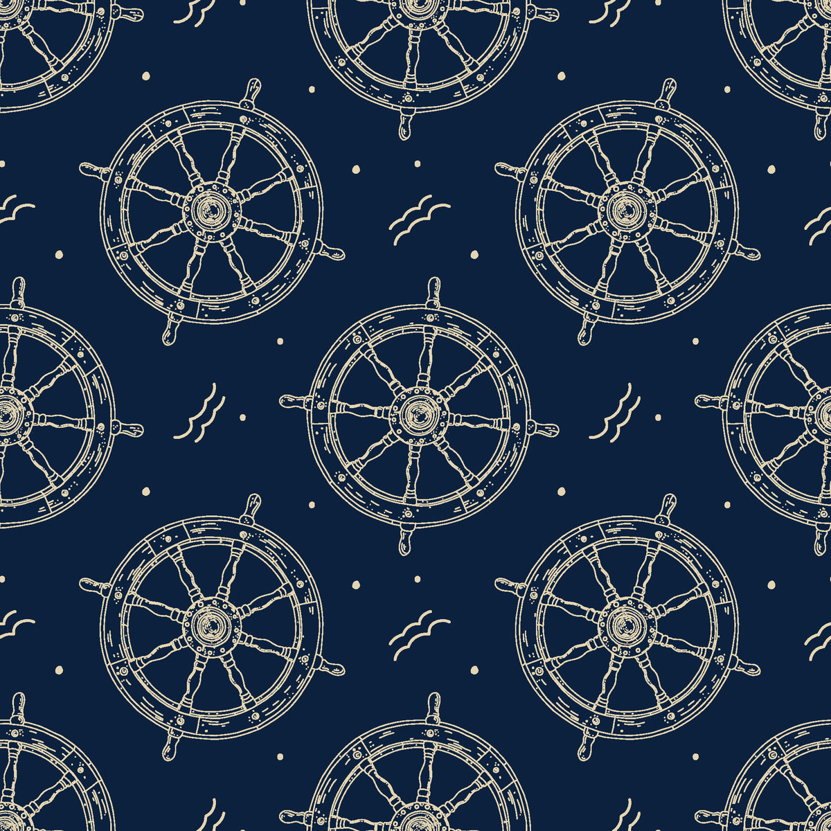 Captain's Wheel Midnight nautical ship wheel wallpaper in midnight and champagne
