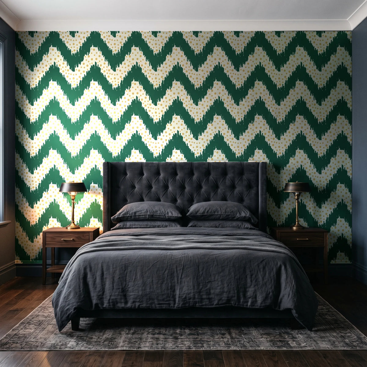 Caramel Drip Emerald chevron wallpaper behind a tufted headboard in a dark, moody bedroom