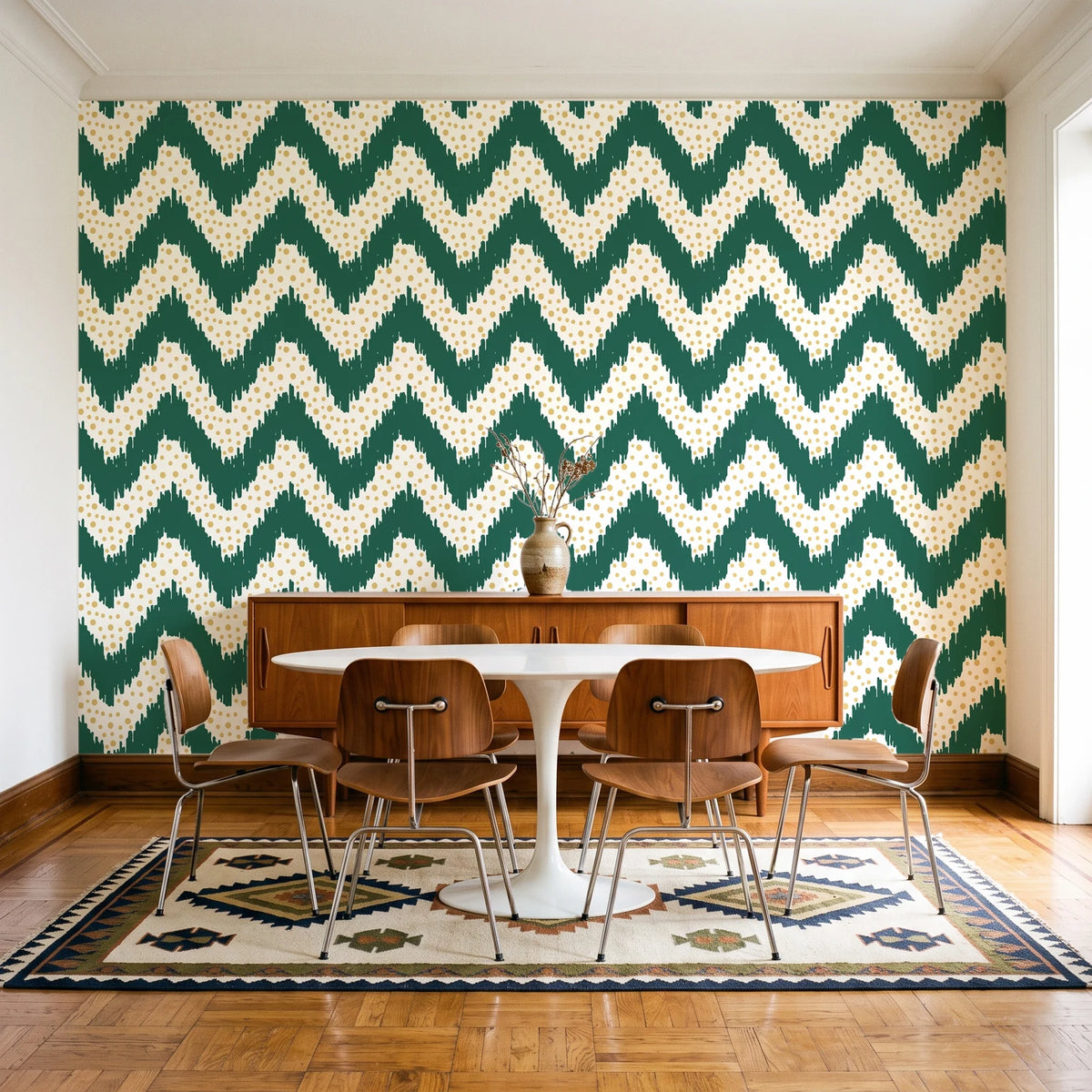 Caramel Drip Emerald chevron wallpaper in a mid-century dining room with a teak sideboard and tulip table