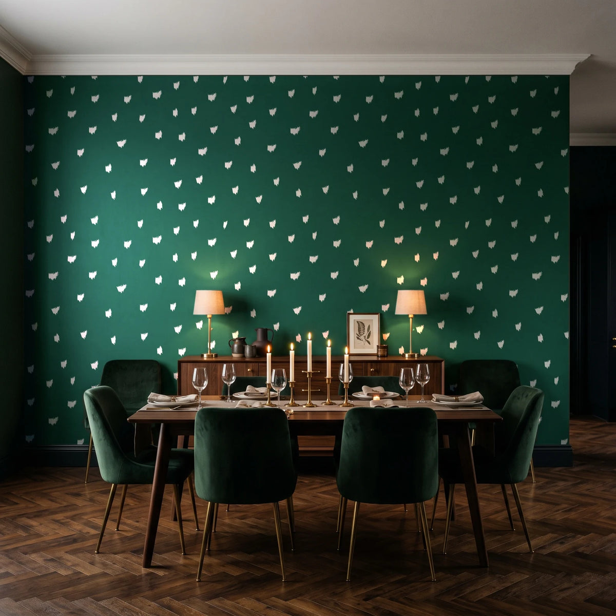 Caramel Haze Emerald brushstroke dot wallpaper in a dark moody dining room with a candlelit table