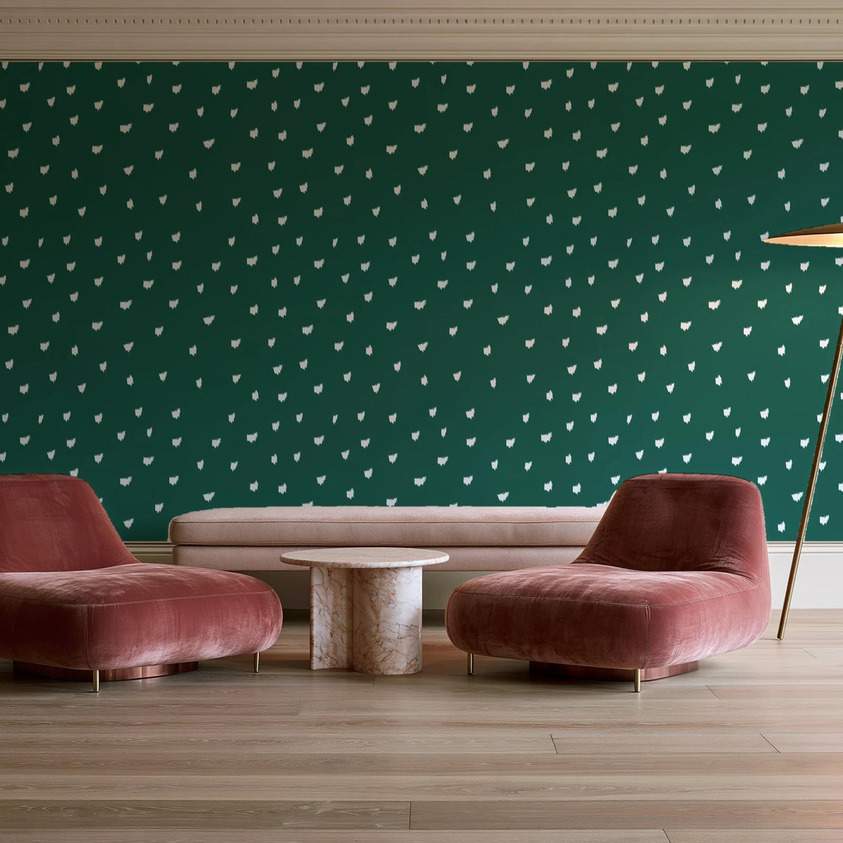 Caramel Haze Emerald brushstroke dot wallpaper in a boutique hotel sitting area