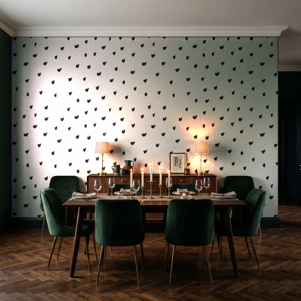 Caramel Haze Ivory brushstroke dot wallpaper in a dark moody dining room with a candlelit table