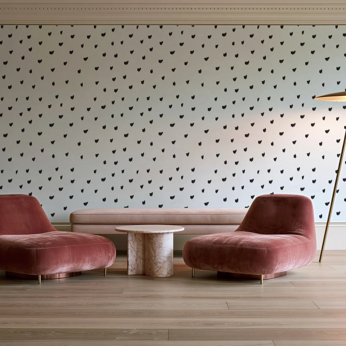 Caramel Haze Ivory brushstroke dot wallpaper in a boutique hotel sitting area