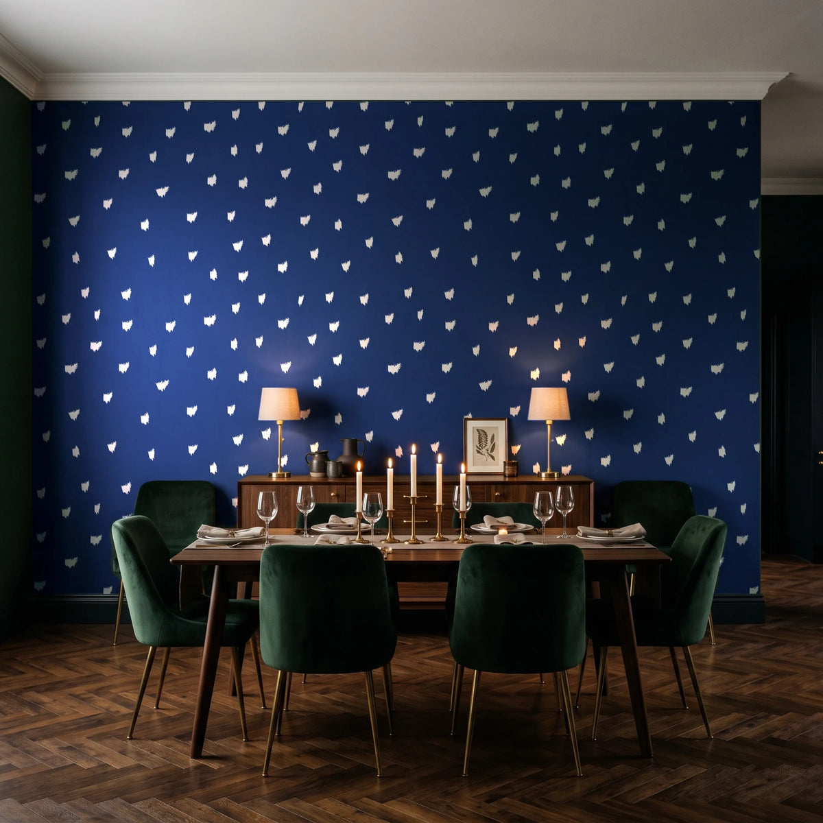 Caramel Haze Navy brushstroke dot wallpaper in a dark moody dining room with a candlelit table