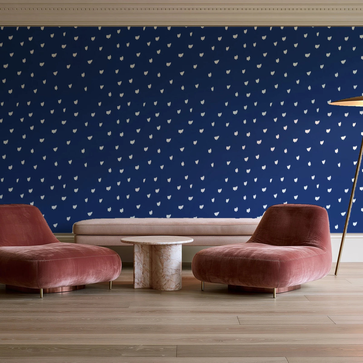 Caramel Haze Navy brushstroke dot wallpaper in a boutique hotel sitting area