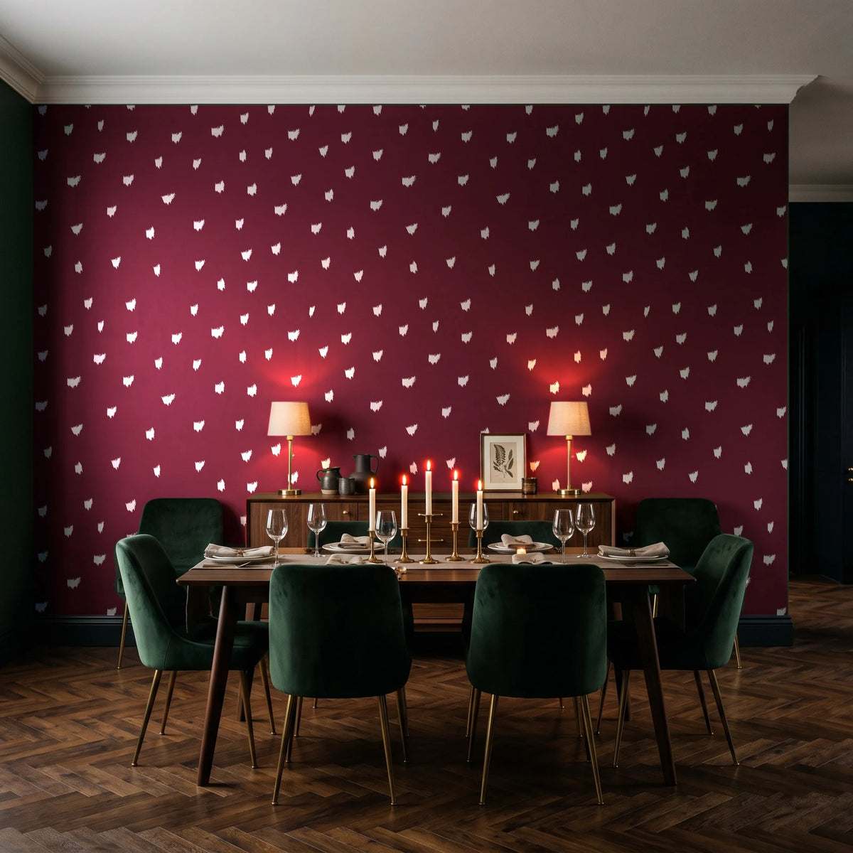 Caramel Haze Oxblood brushstroke dot wallpaper in a dark moody dining room with a candlelit table