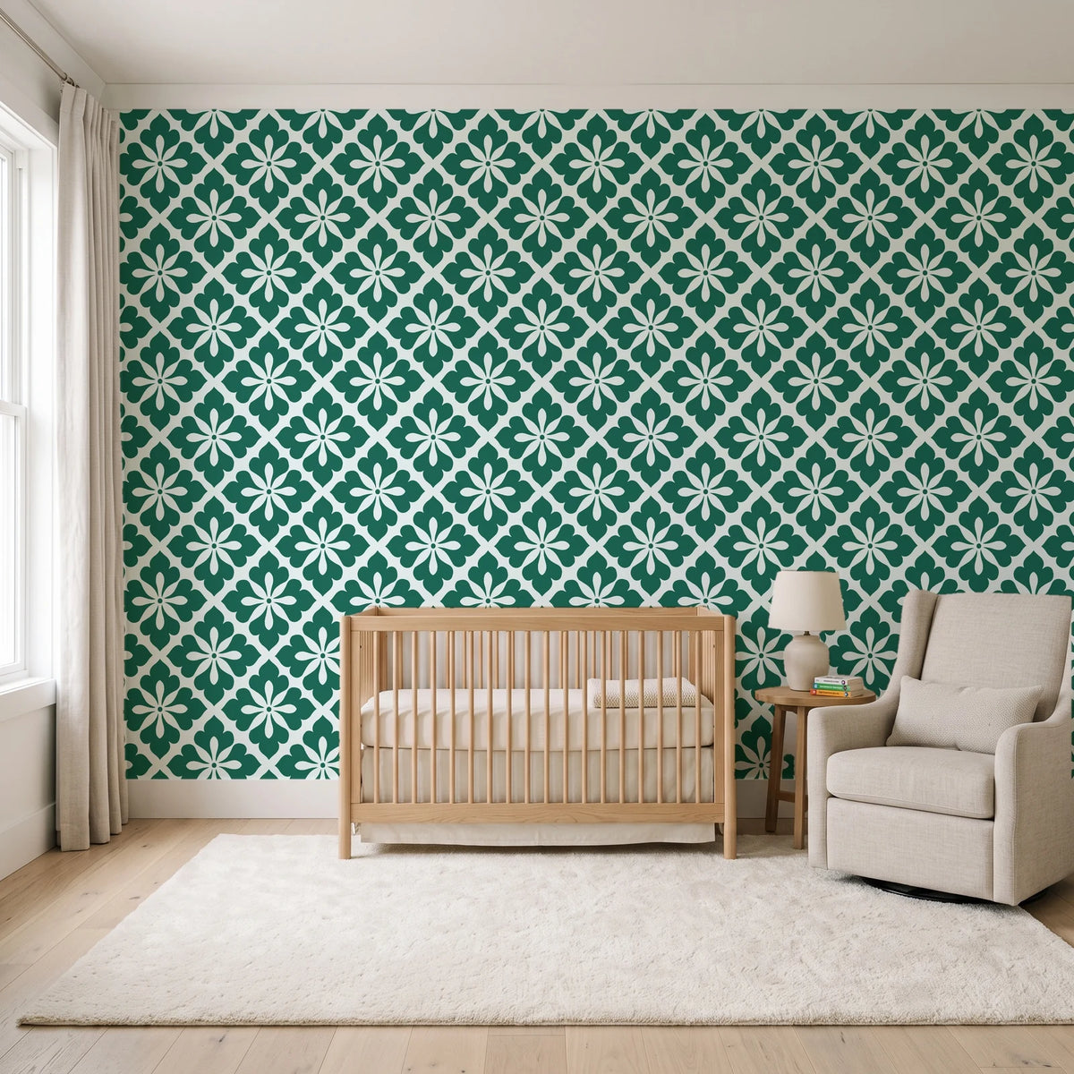 Carbon Bloom Emerald tile floral wallpaper in a calm, light-filled nursery