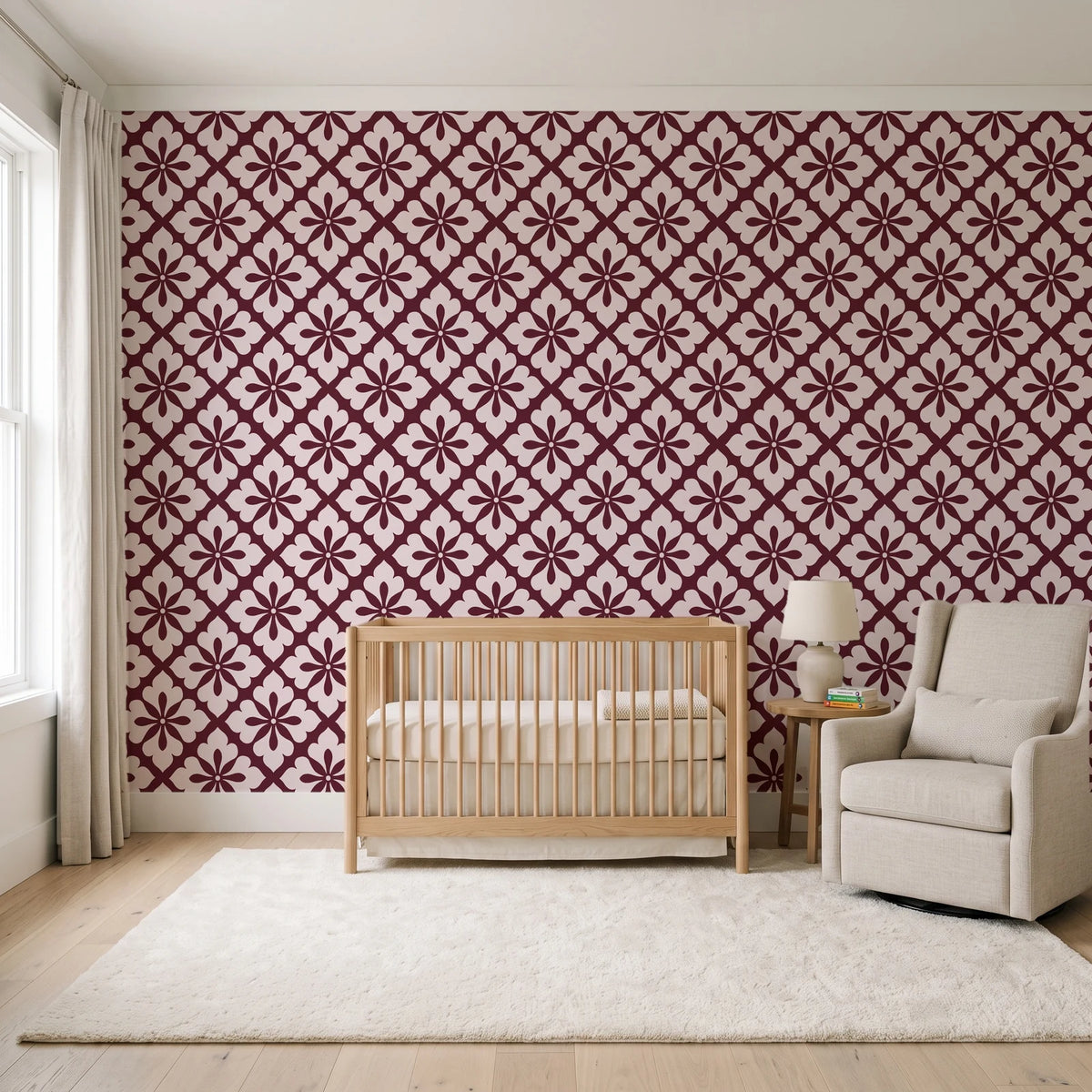 Carbon Bloom Oxblood tile floral wallpaper in a calm, light-filled nursery