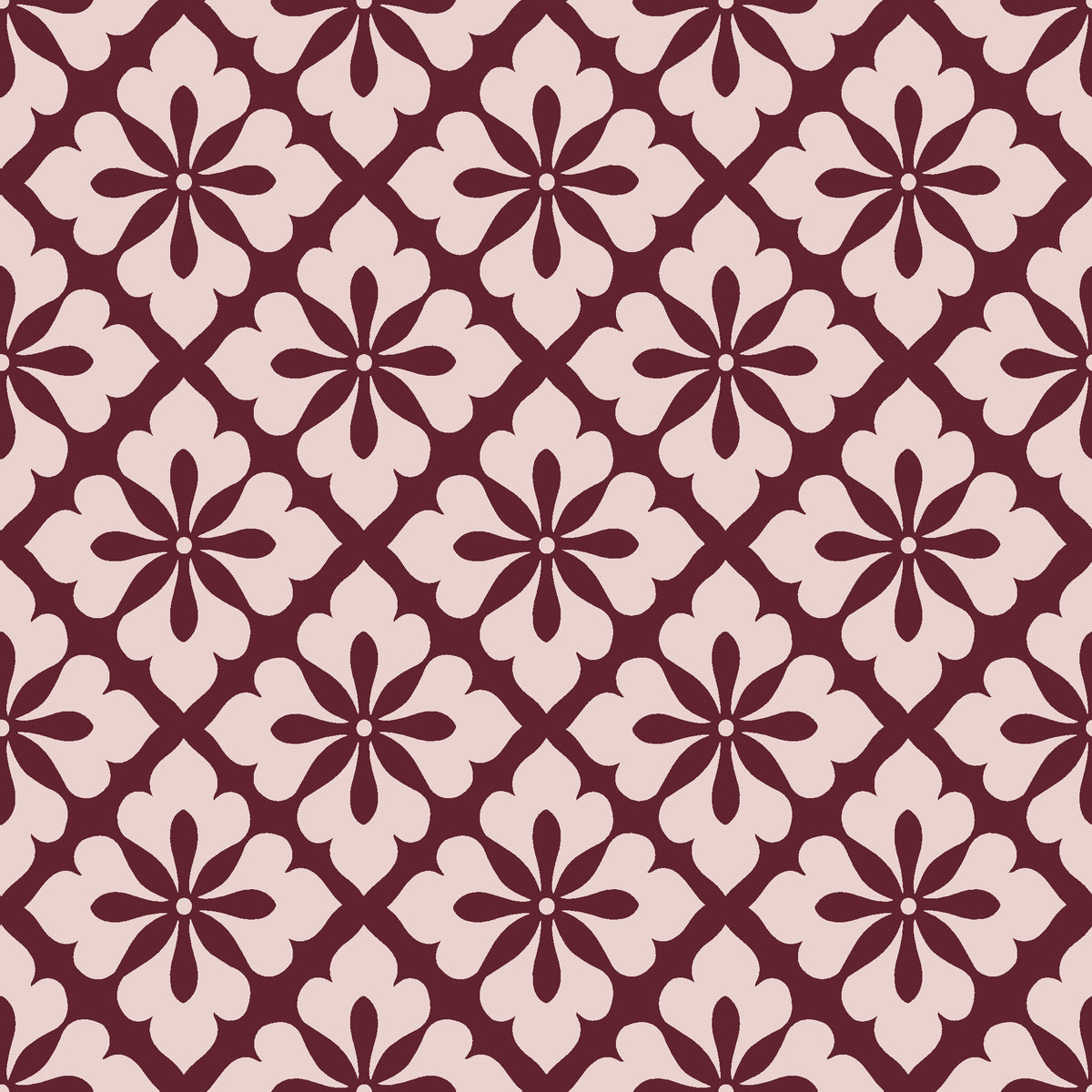 Carbon Bloom Oxblood tile floral wallpaper in oxblood and blush