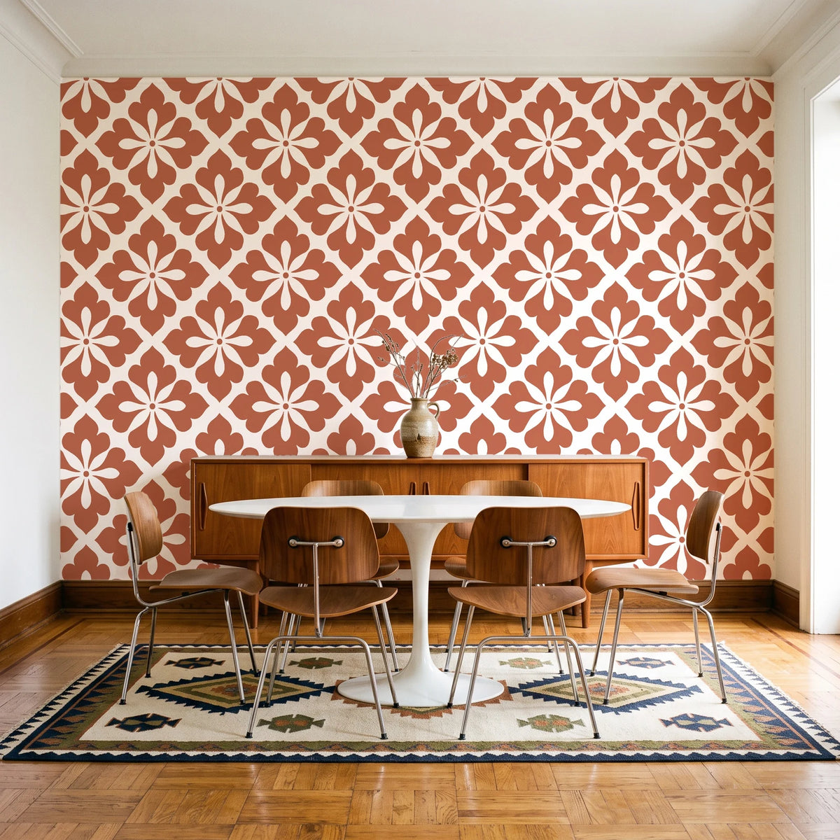 Carbon Bloom Terracotta tile floral wallpaper in a mid-century dining room with a teak sideboard and tulip table