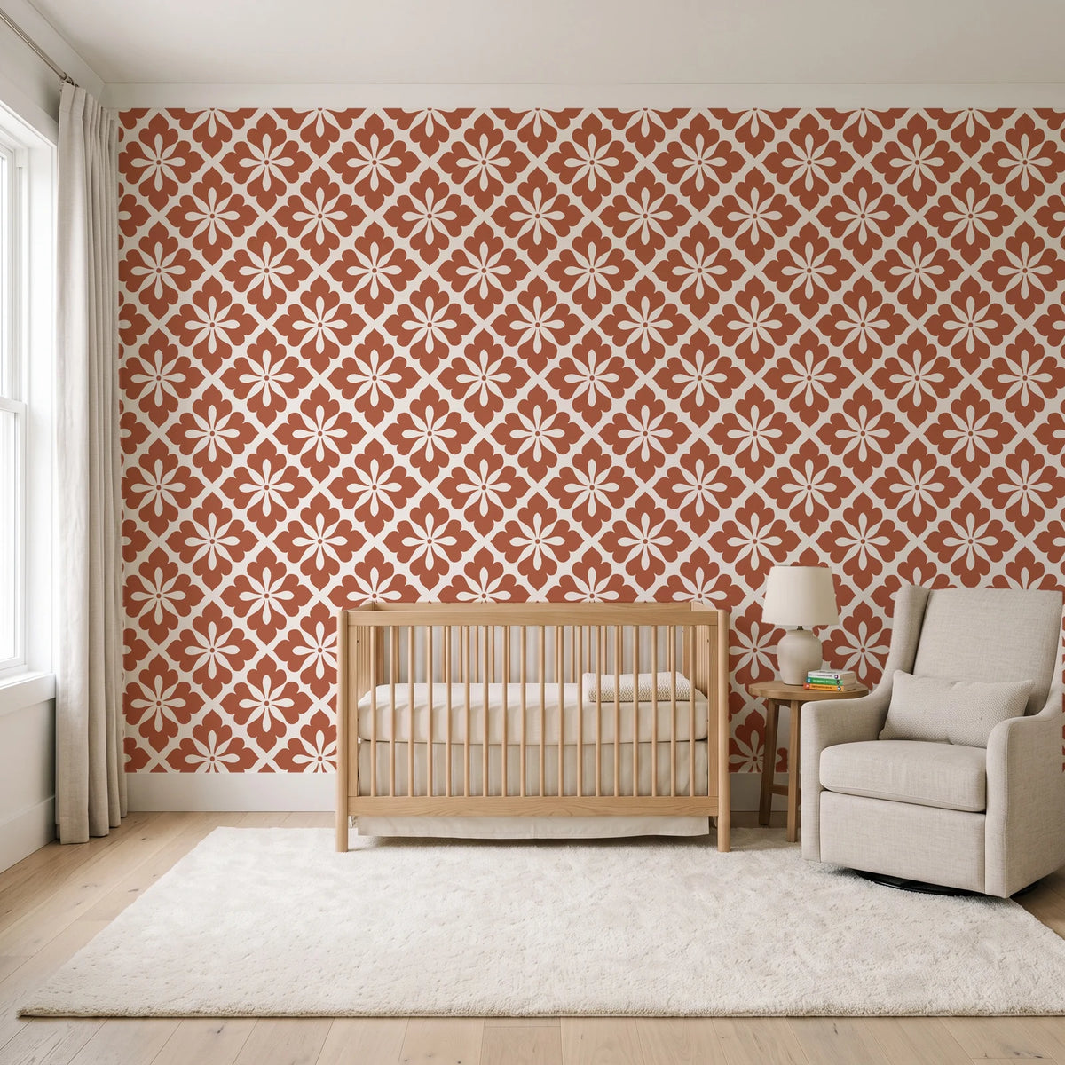 Carbon Bloom Terracotta tile floral wallpaper in a calm, light-filled nursery