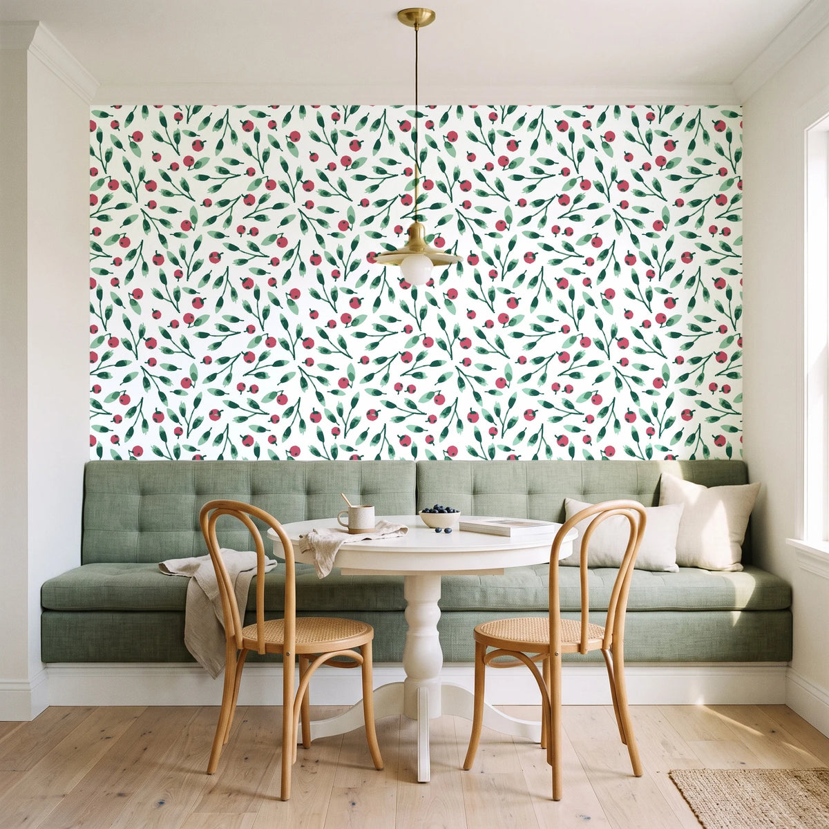 Cerulean Petal Emerald ditsy botanical wallpaper as a feature wall in a sunlit breakfast nook