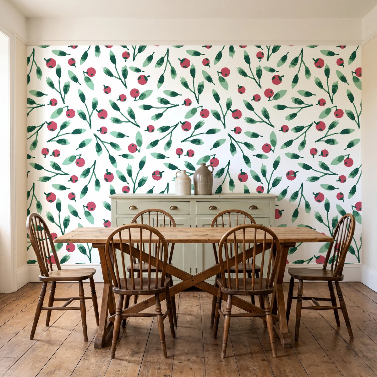 Cerulean Petal Emerald ditsy botanical wallpaper in a farmhouse dining room with a sage sideboard and rustic trestle table