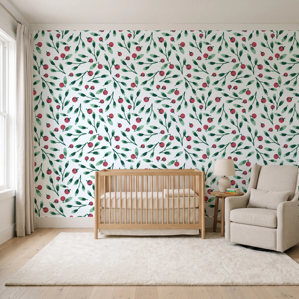 Cerulean Petal Emerald ditsy botanical wallpaper in a calm, light-filled nursery