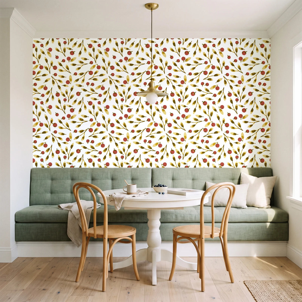 Cerulean Petal Marigold ditsy botanical wallpaper as a feature wall in a sunlit breakfast nook