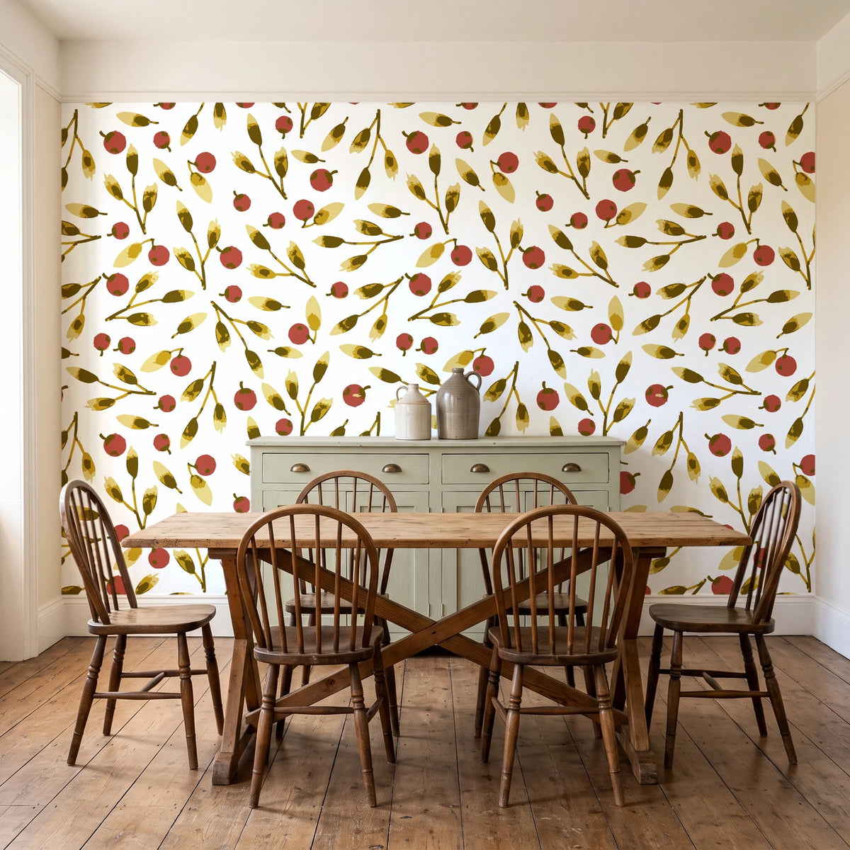 Cerulean Petal Marigold ditsy botanical wallpaper in a farmhouse dining room with a sage sideboard and rustic trestle table