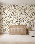 Cerulean Petal Marigold ditsy botanical wallpaper in a calm, light-filled nursery