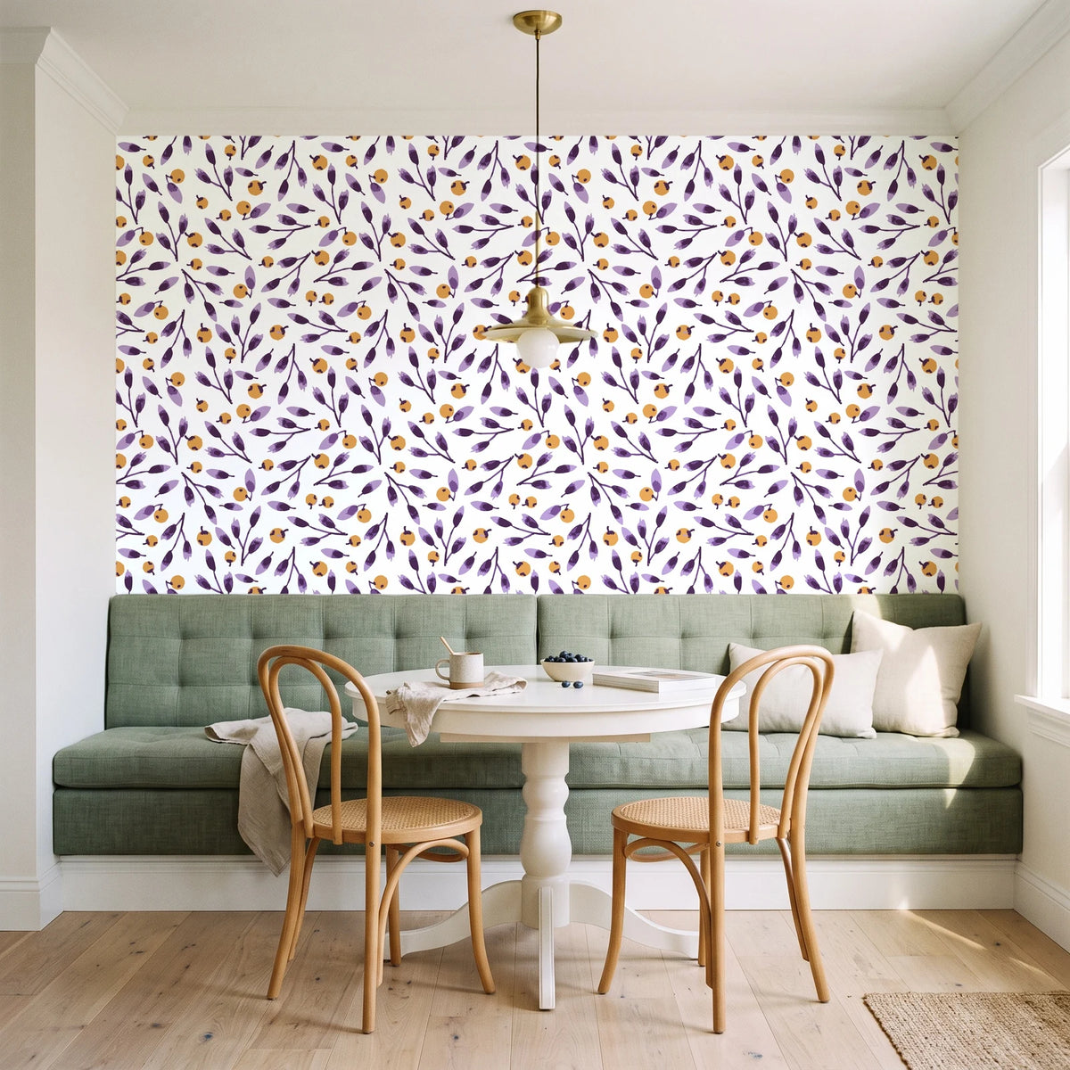 Cerulean Petal Plum ditsy botanical wallpaper as a feature wall in a sunlit breakfast nook