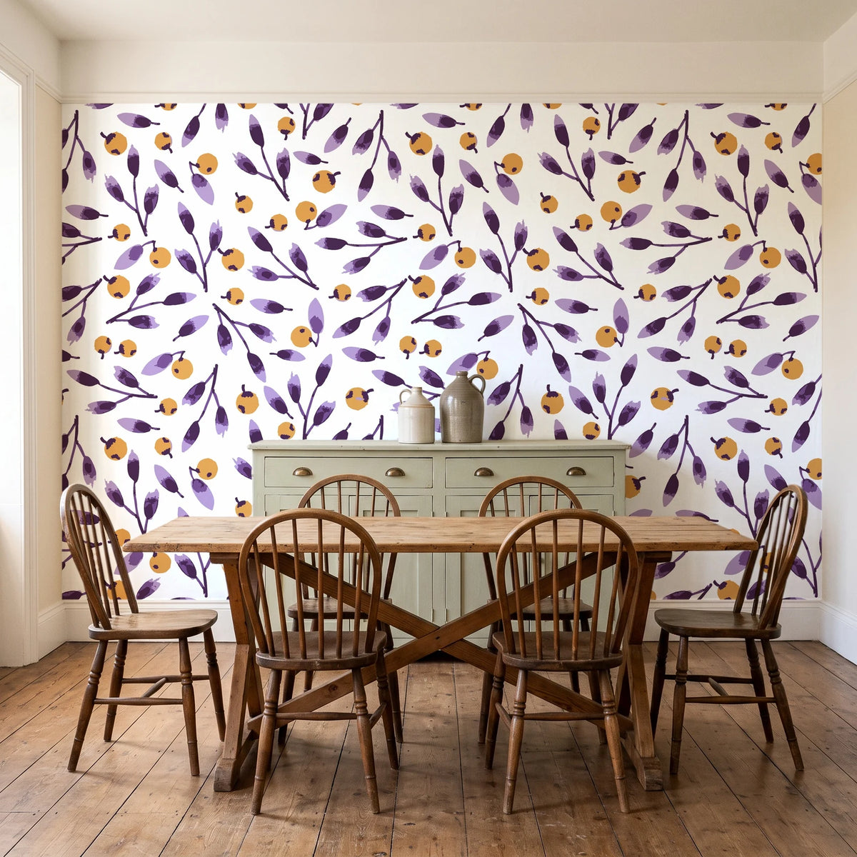 Cerulean Petal Plum ditsy botanical wallpaper in a farmhouse dining room with a sage sideboard and rustic trestle table
