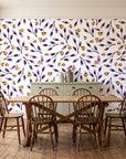 Cerulean Petal Plum ditsy botanical wallpaper in a farmhouse dining room with a sage sideboard and rustic trestle table