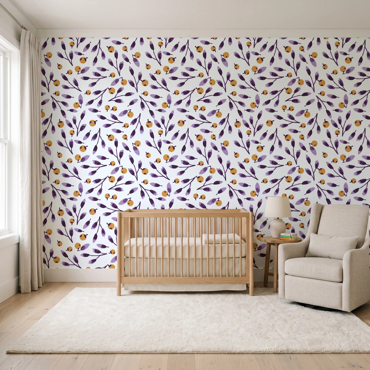 Cerulean Petal Plum ditsy botanical wallpaper in a calm, light-filled nursery
