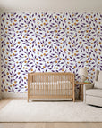 Cerulean Petal Plum ditsy botanical wallpaper in a calm, light-filled nursery