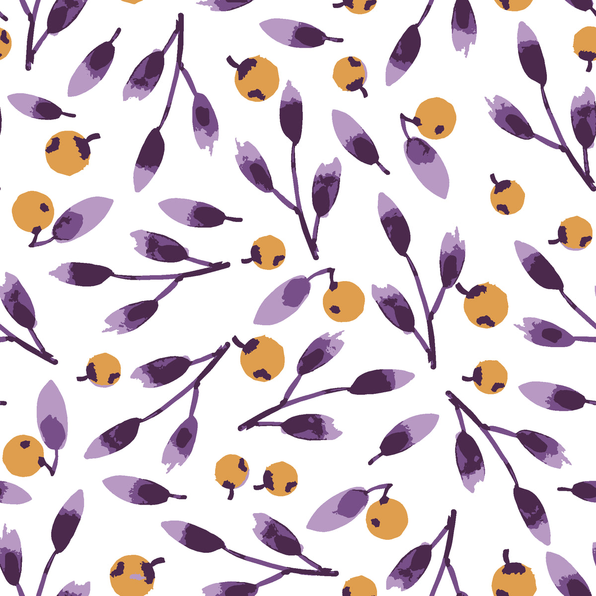 Cerulean Petal Plum ditsy botanical wallpaper in plum and gold