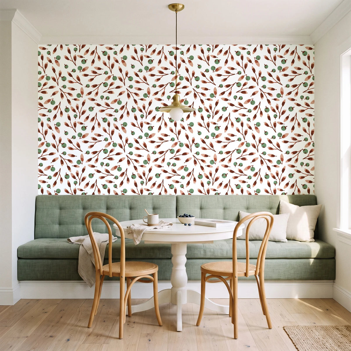 Cerulean Petal Terracotta ditsy botanical wallpaper as a feature wall in a sunlit breakfast nook