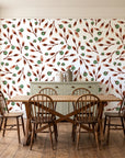 Cerulean Petal Terracotta ditsy botanical wallpaper in a farmhouse dining room with a sage sideboard and rustic trestle table