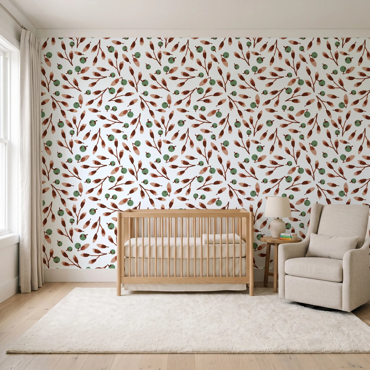Cerulean Petal Terracotta ditsy botanical wallpaper in a calm, light-filled nursery
