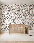 Cerulean Petal Terracotta ditsy botanical wallpaper in a calm, light-filled nursery