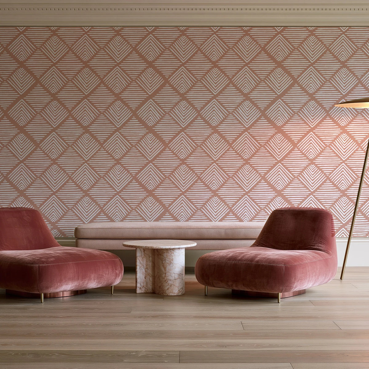 Chevron Etch Clay geometric diamond wallpaper in a boutique hotel sitting area