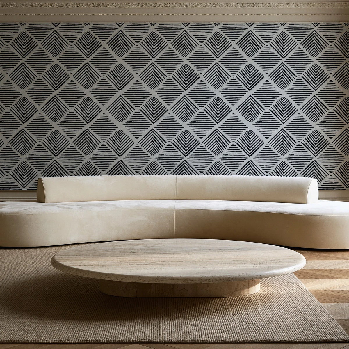 Chevron Etch Ebony geometric diamond wallpaper in an elegant living room
