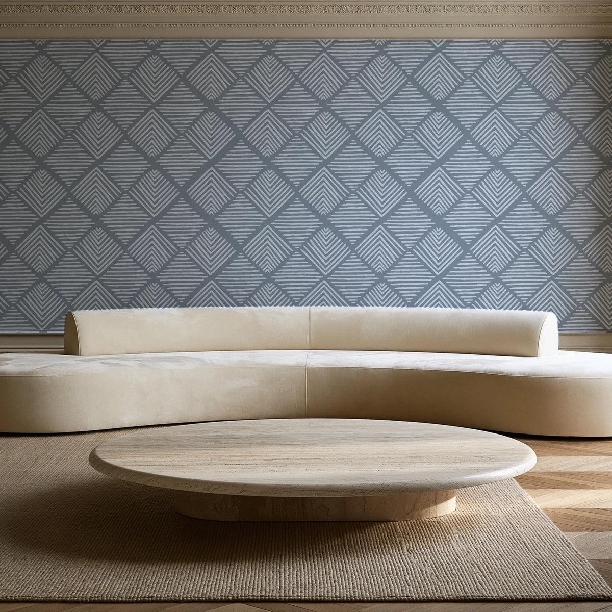 Chevron Etch Pewter geometric diamond wallpaper in an elegant living room