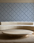 Chevron Etch Pewter geometric diamond wallpaper in an elegant living room