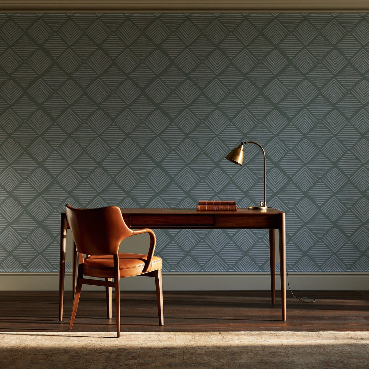 Chevron Etch Sage geometric diamond wallpaper as a feature wall in a home study