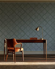 Chevron Etch Sage geometric diamond wallpaper as a feature wall in a home study