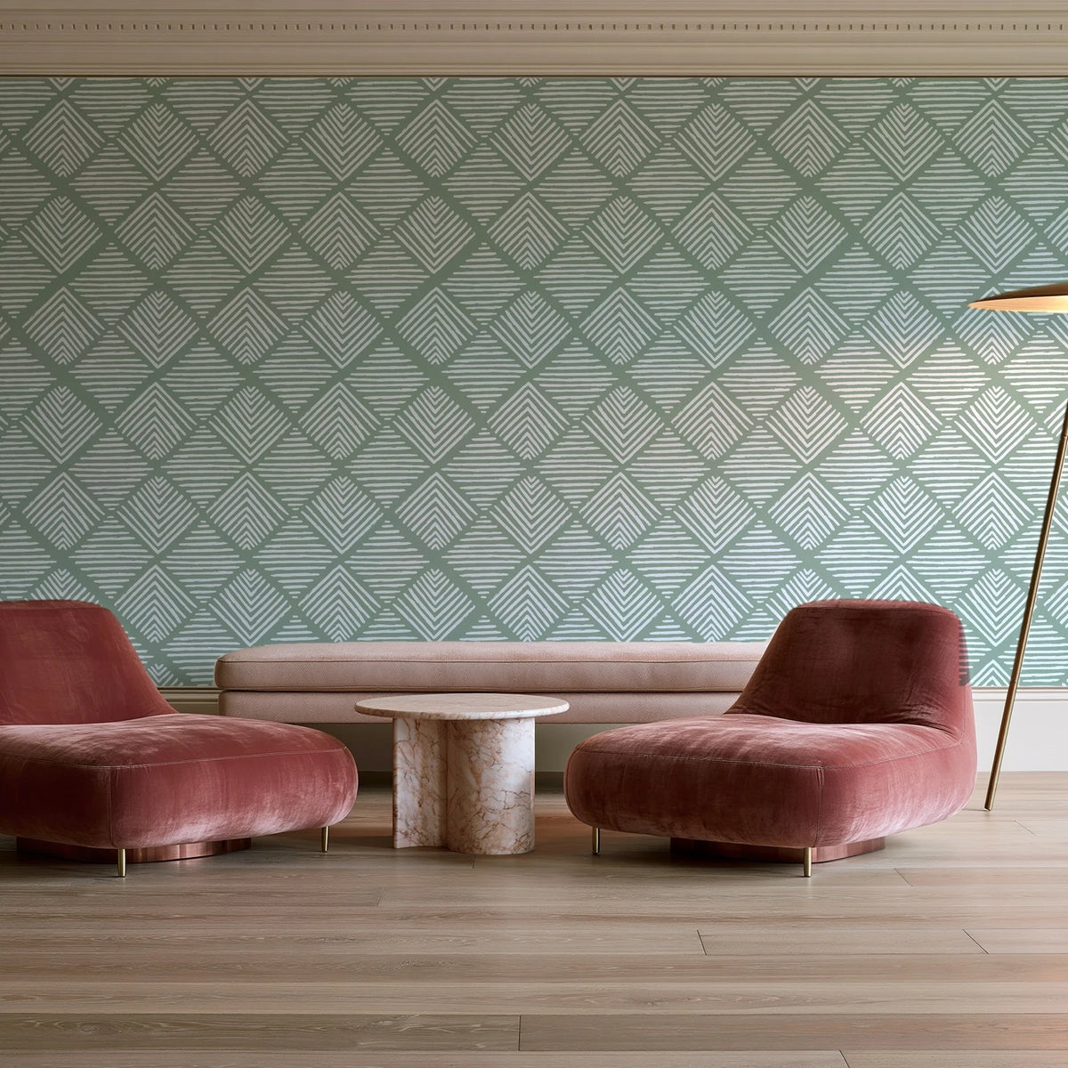 Chevron Etch Sage geometric diamond wallpaper in a boutique hotel sitting area