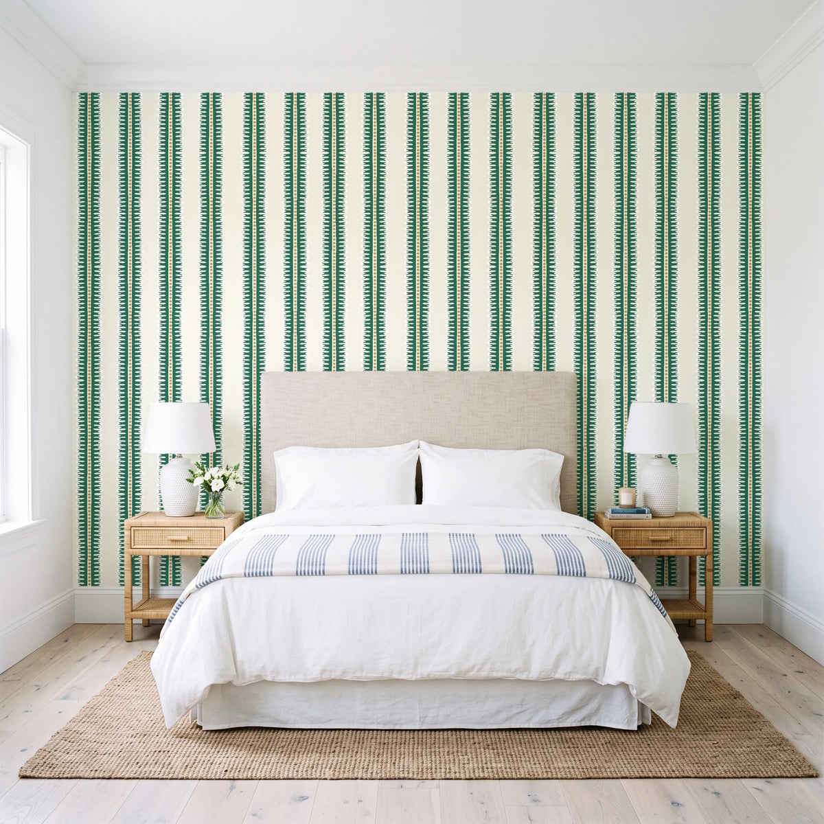 Citrine Column Emerald stripe wallpaper behind a queen bed in a bright coastal bedroom